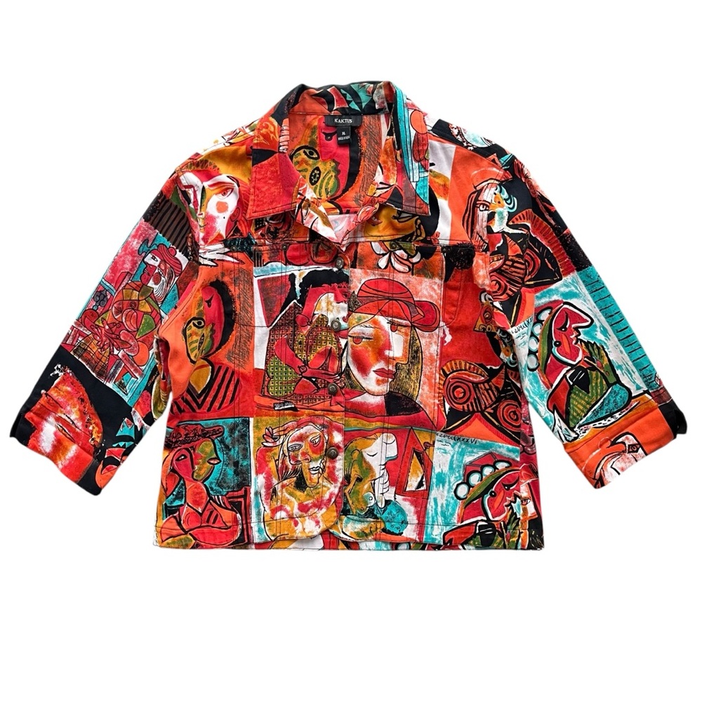 Kaktus Women’s XL Colorful Abstract Pablo Picasso Portraits Art Print 3/4 Jacket